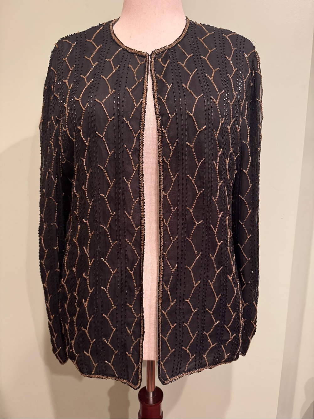 Vtg JMC Beaded Silk Evening Jacket Black Bronze Chevron Art Deco Open Front 1X